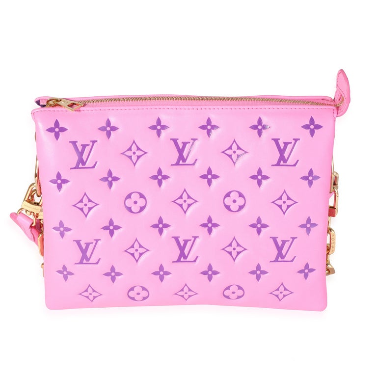 Listing Title: Louis Vuitton Pink & Purple Monogram Embossed Puffy Lambskin Coussin PM
SKU: 118605
MSRP: 4700.00
Condition: Pre-owned (3000)
Handbag Condition: Very Good
Condition Comments: Very Good Condition. Scuffing to corners. Discoloration