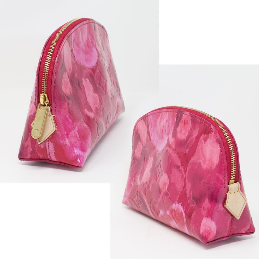 Louis Vuitton Pink Red Floral Pochette Cosmetic Pouch In Good Condition In Boca Raton, FL