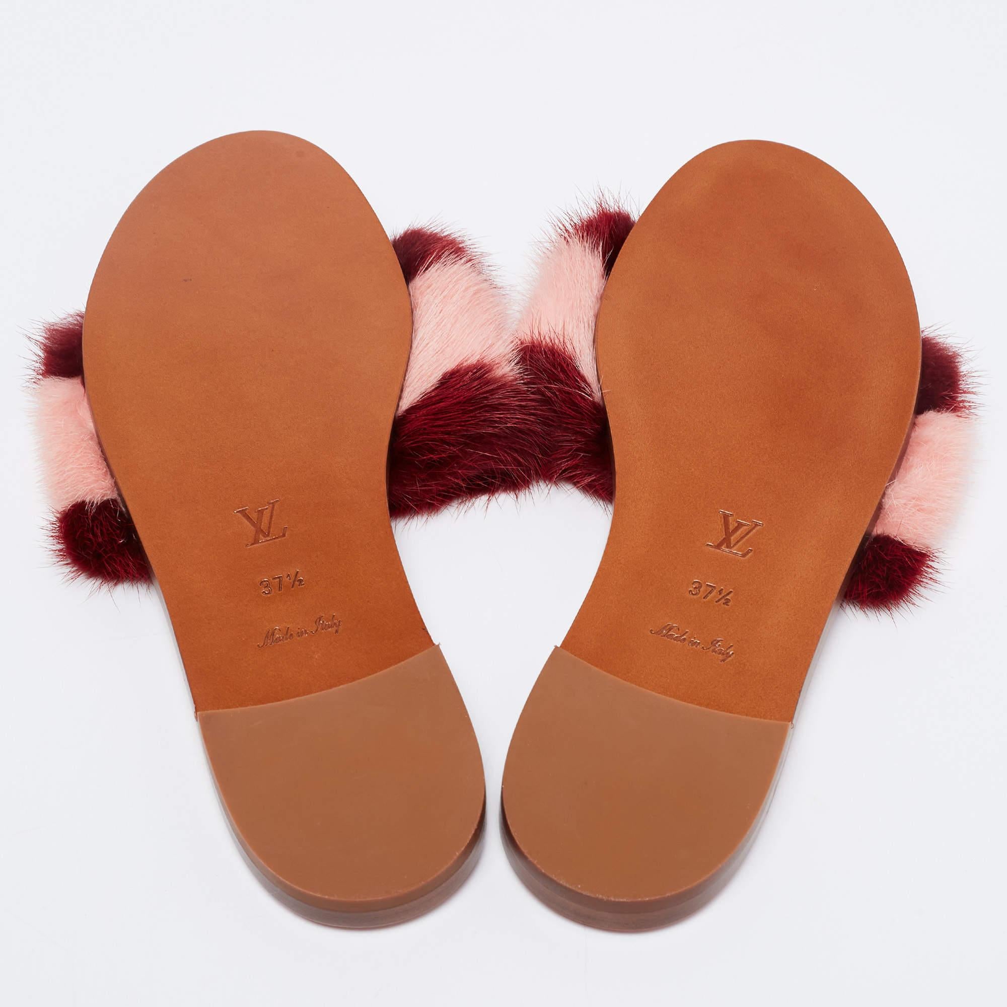 Louis Vuitton Pink/Red Mink Fur Lock It Flat Slide Sandals Size 37.5 1