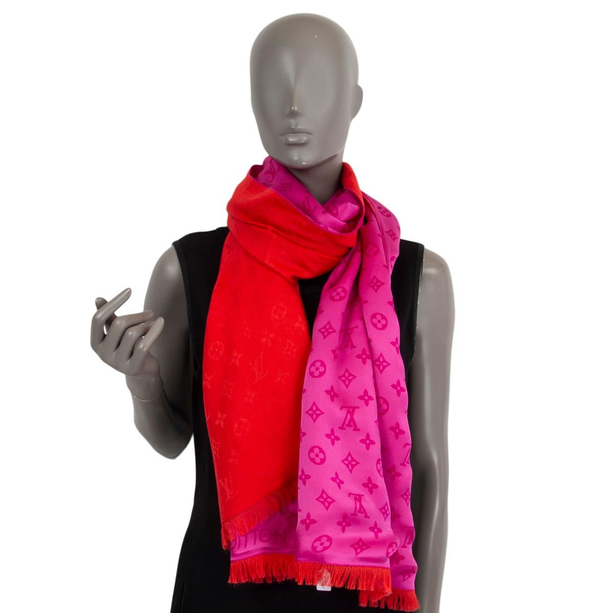 LOUIS VUITTON pink silk & red cashmere MONOGRAM DOUBLE FACE Scarf For Sale 1