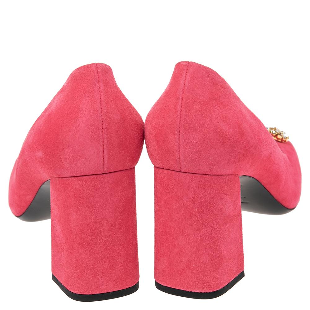 Louis Vuitton Pink Suede Crystal Madeleine Block Heel Pumps Size 41 In New Condition In Dubai, Al Qouz 2