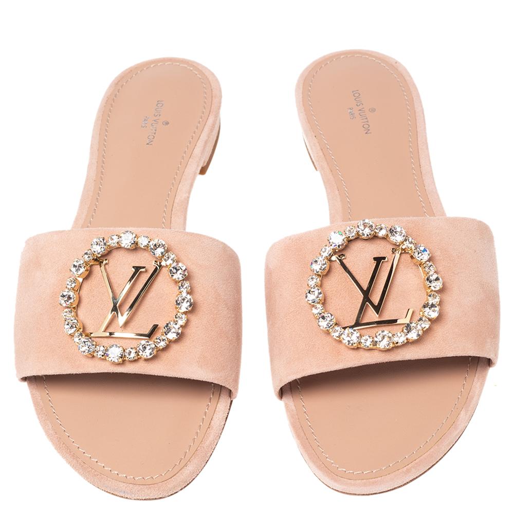Louis Vuitton Pink Suede Crystal Madeleine Flat Mules Size 41 In New Condition In Dubai, Al Qouz 2