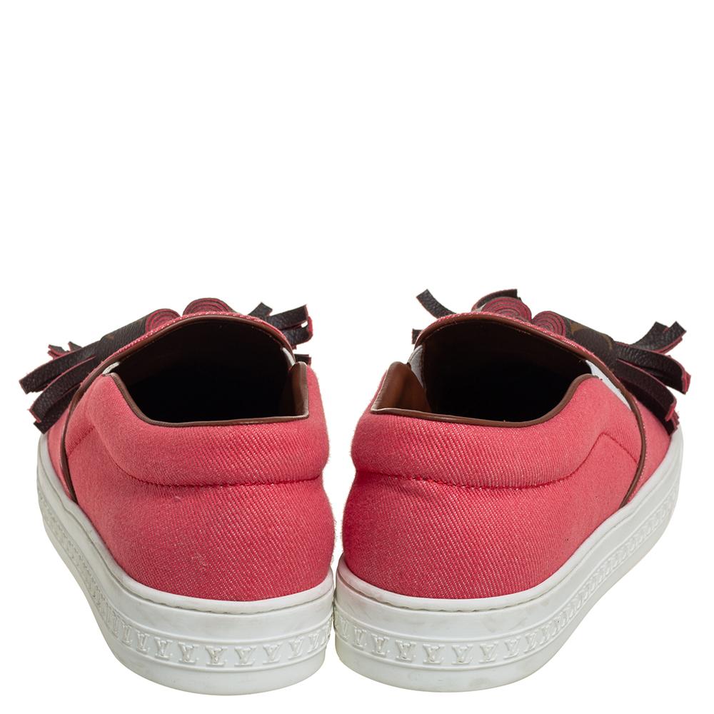 Louis Vuitton Pink Twill Monogram Canvas Destination Slip On Sneakers Size 38.5 In Good Condition In Dubai, Al Qouz 2