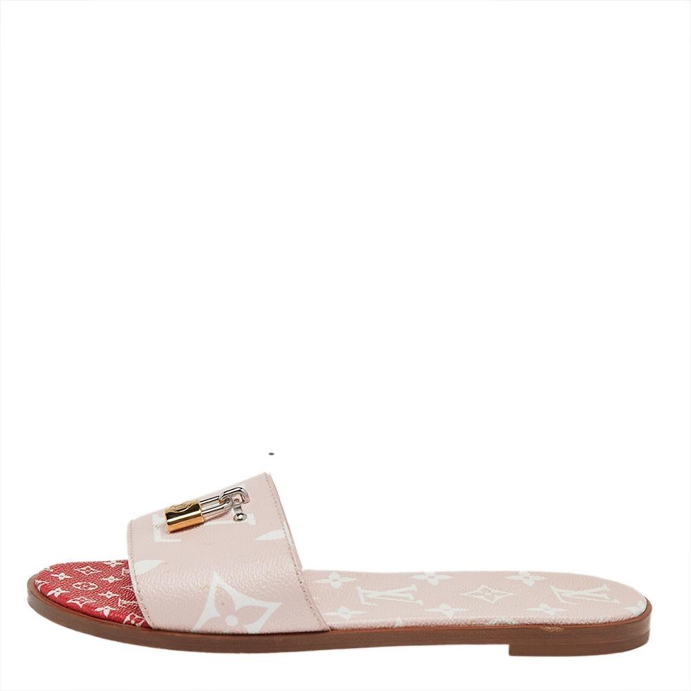 Beige Louis Vuitton Pink/White Monogram Canvas Lock It Flat Slides Size 38