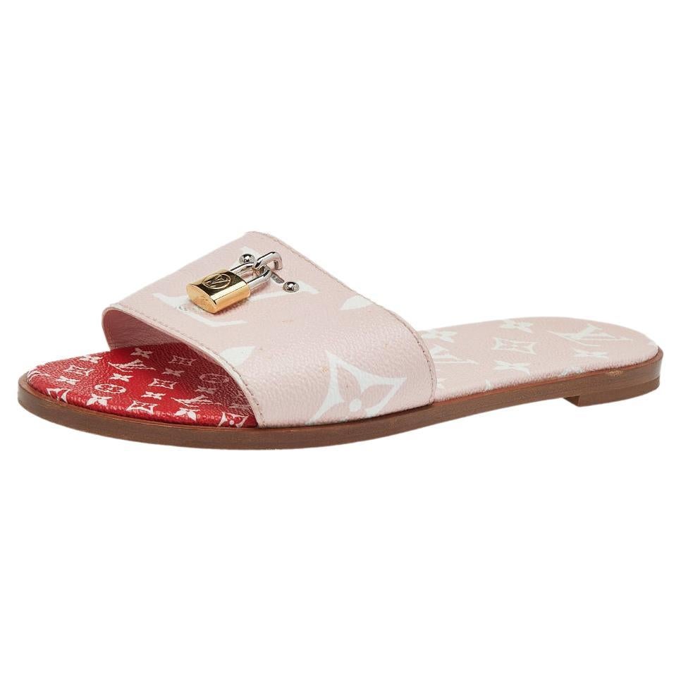 Louis Vuitton White/Red Canvas Lock It Flat Slides Size 36 For