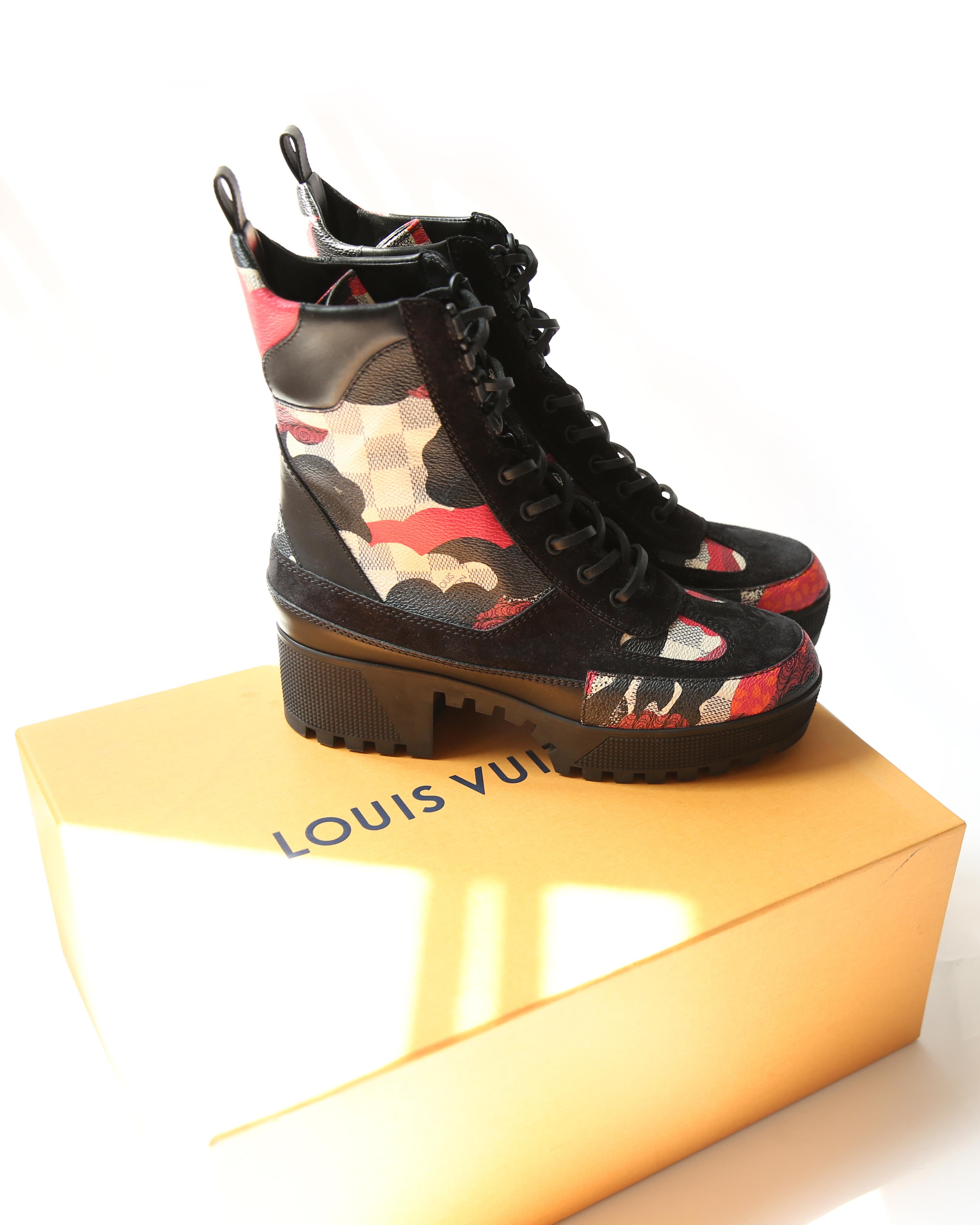 Louis Vuitton platform Laureate Desert black red white suede lace up ankle boots 5