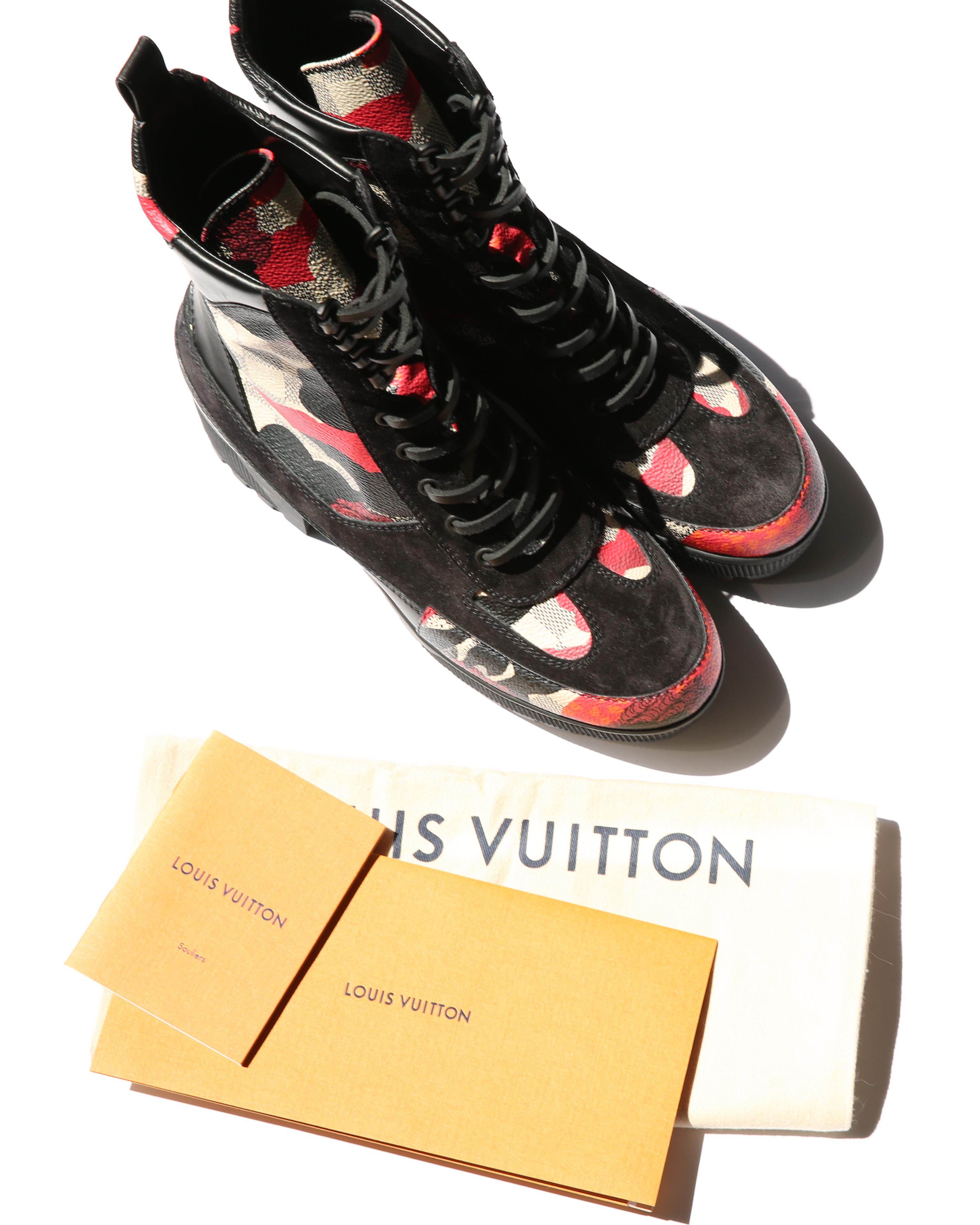 Louis Vuitton platform Laureate Desert black red white suede lace up ankle boots 6