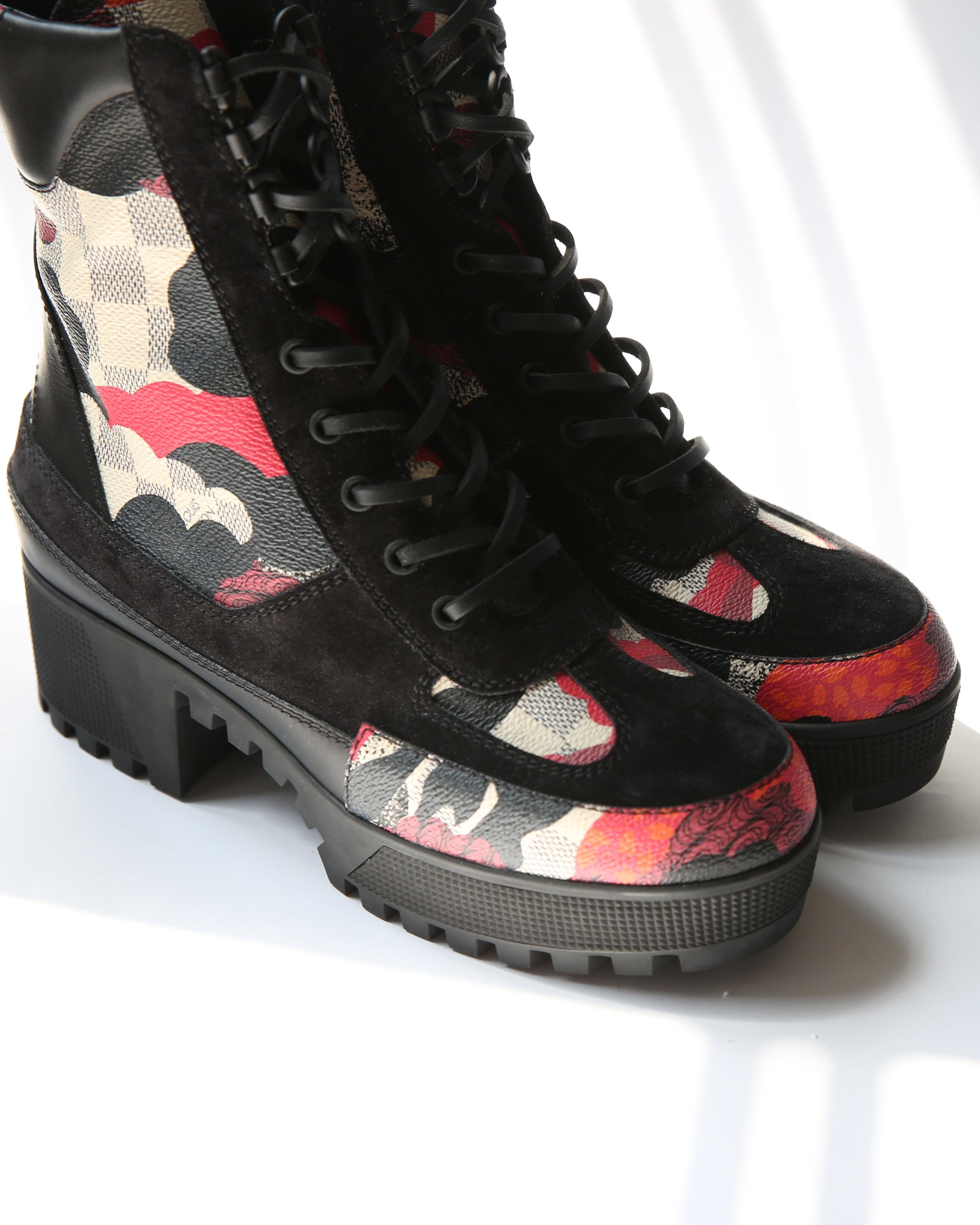 Louis Vuitton platform Laureate Desert black red white suede lace up ankle boots 1