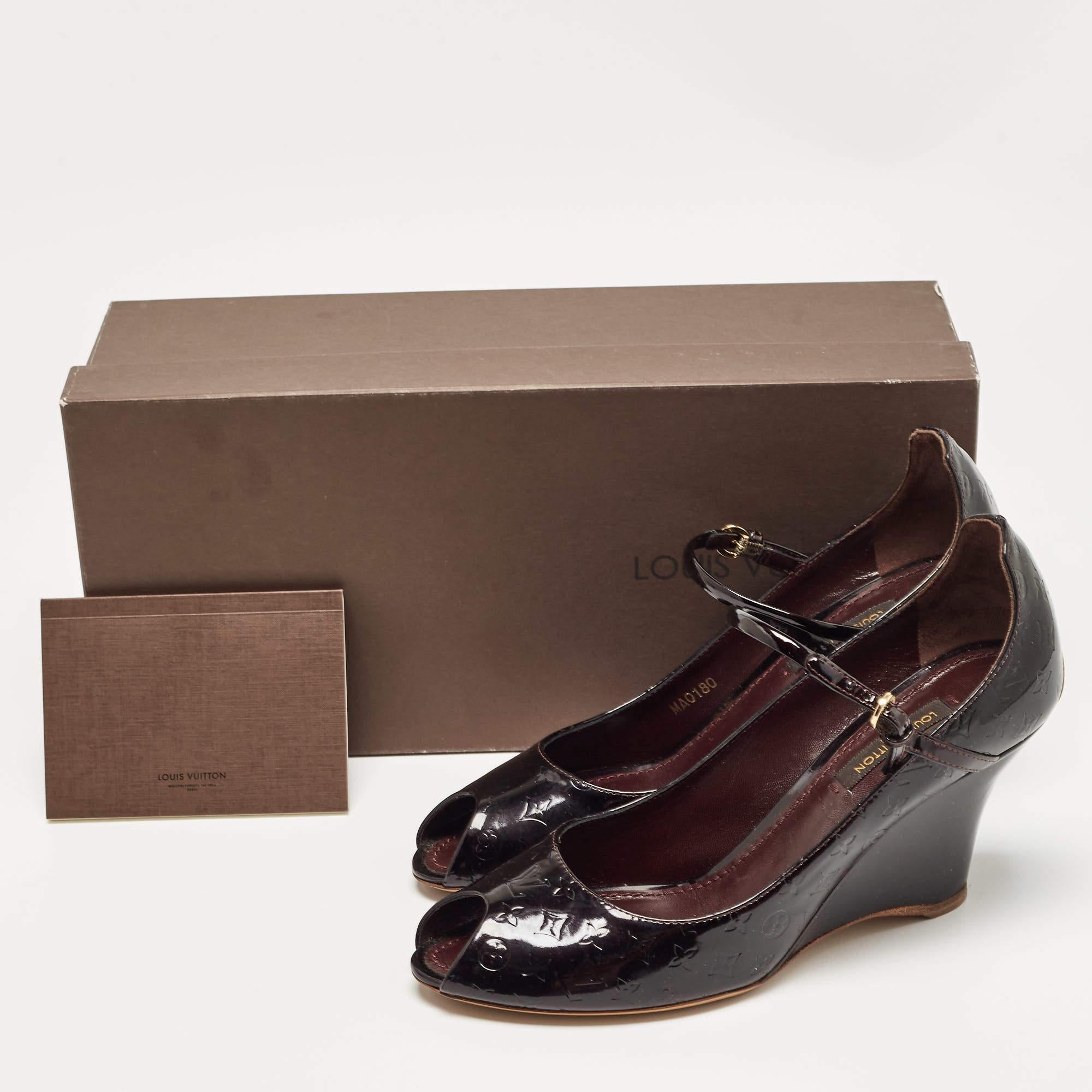 Louis Vuitton Plum Monogram Patent Leather Peep Toe Wedge Pumps Size 36.5 For Sale 4