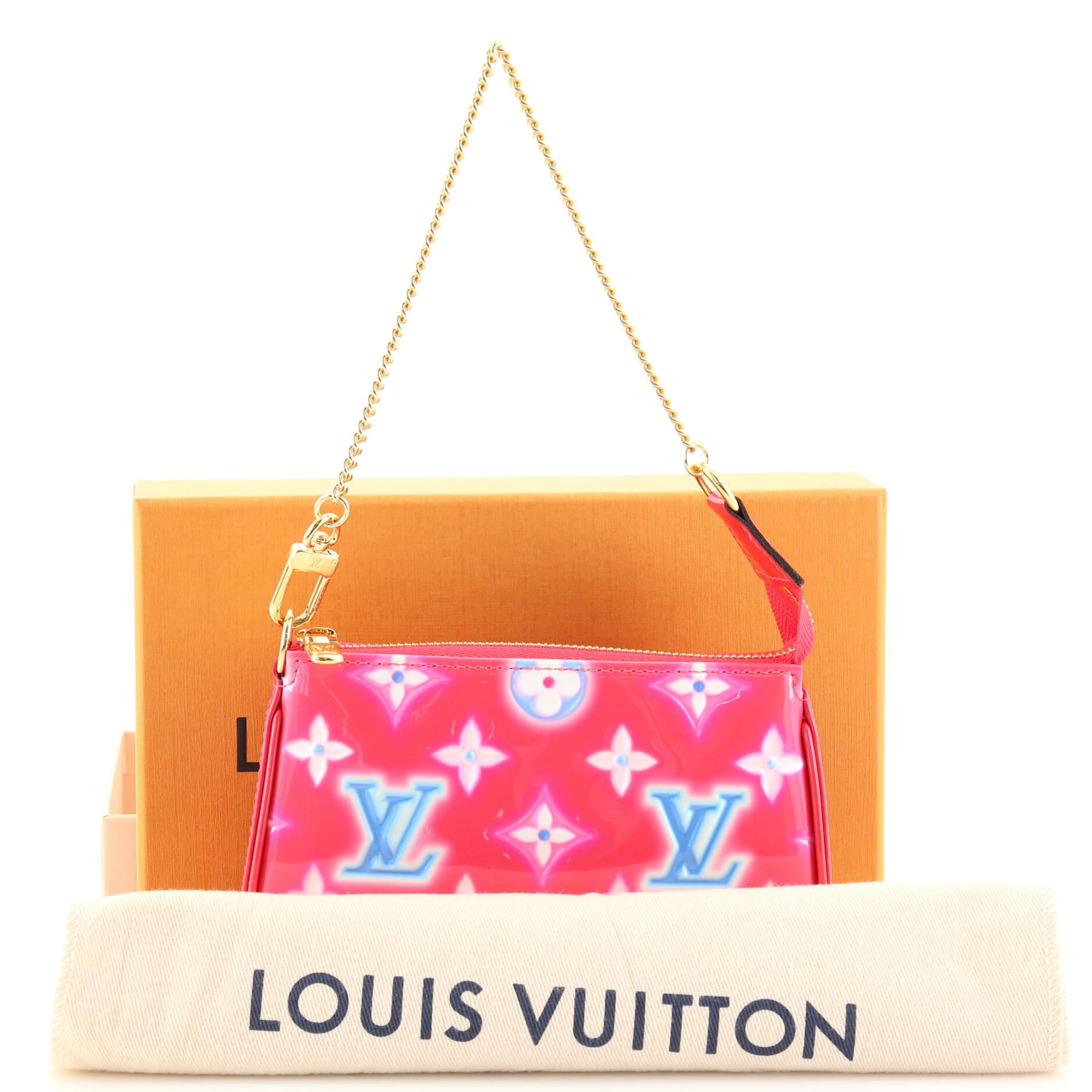 Louis Vuitton Mini Pochette Accessoires Pink Blue Neon Patent Gold Chain Bag