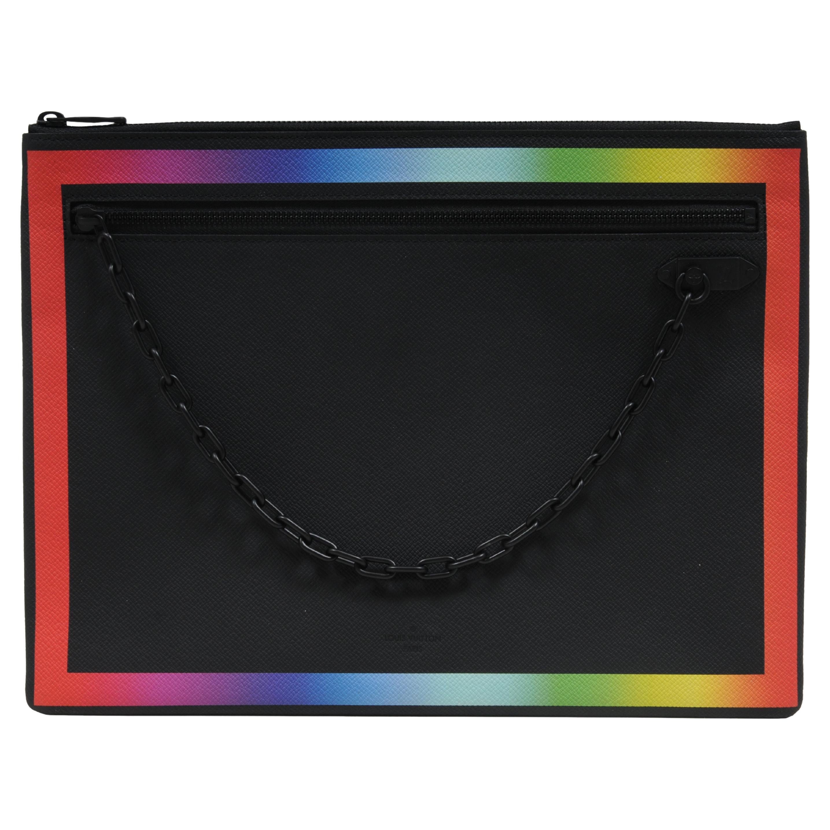 Louis Vuitton Pochette Bag Black Taiga Leather Rainbow Travel Clutch Pouch