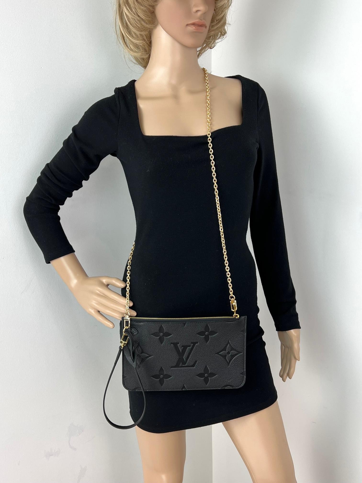 LOUIS VUITTON Pochette Black Leather Crossbody from NEVERFULL Added Chain  1