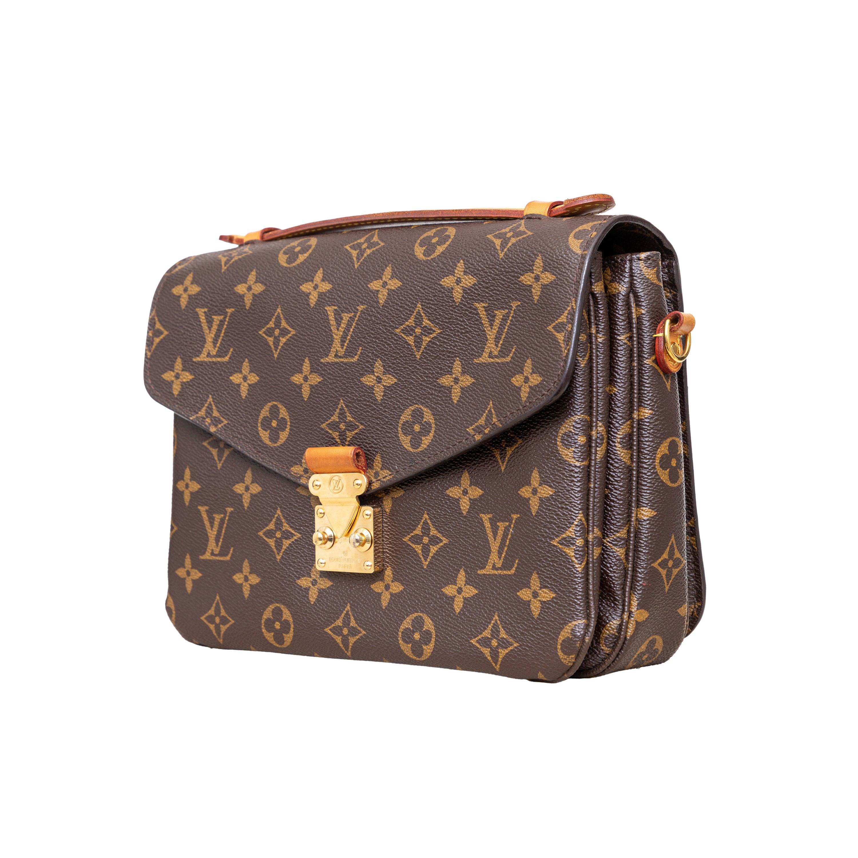 Elevate your style with the Louis Vuitton Pochette Métis. This trendy satchel in iconic Monogram canvas features a stunning S-lock closure in gold-tone. With a top handle and detachable strap, it's versatile and spacious for all your