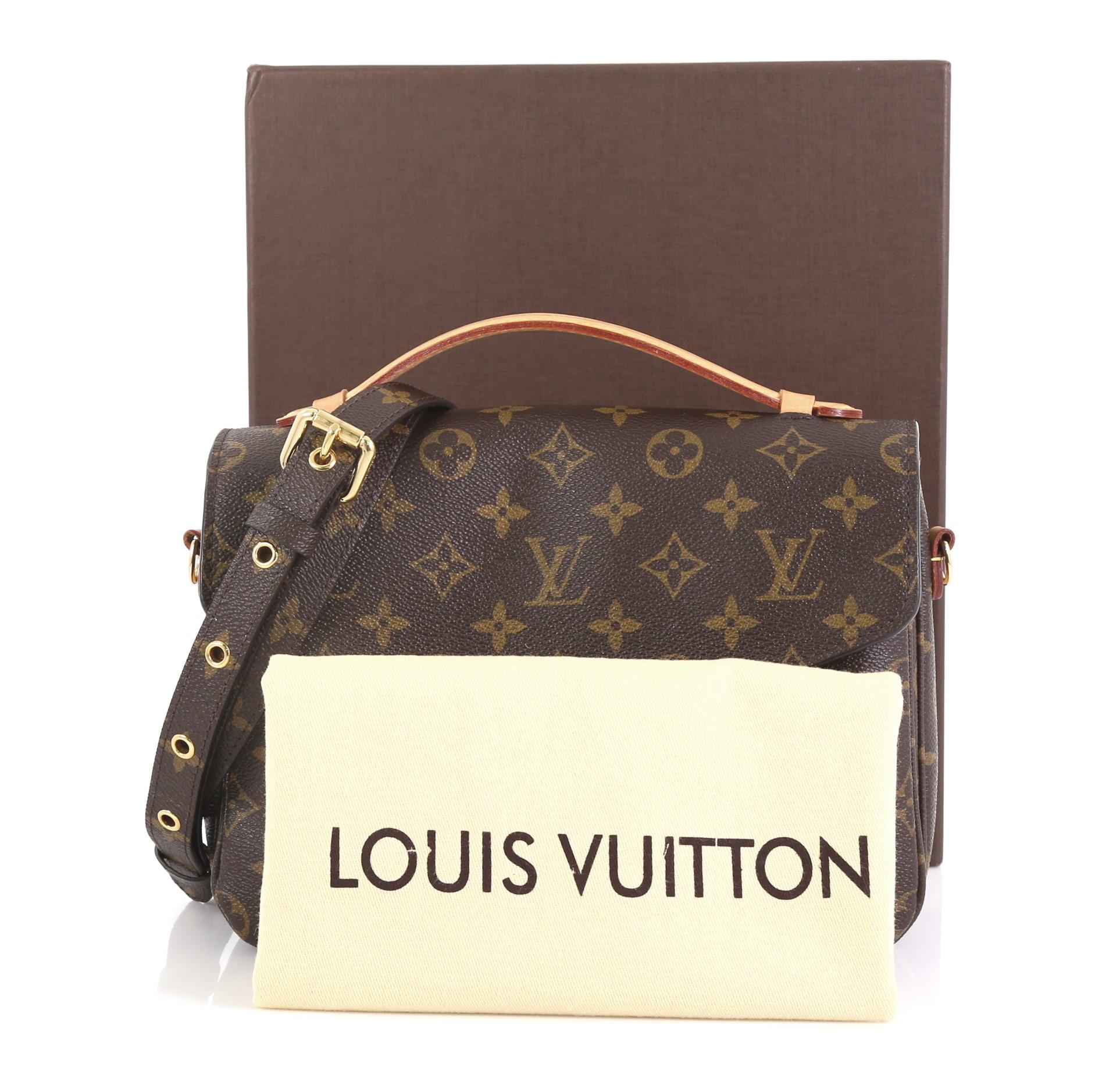 This Louis Vuitton Pochette Metis Monogram Canvas, crafted from brown monogram coated canvas, features a top leather handle, exterior back zip pocket, and gold-tone hardware. Its S-lock closure opens to a brown microfiber interior divided into three
