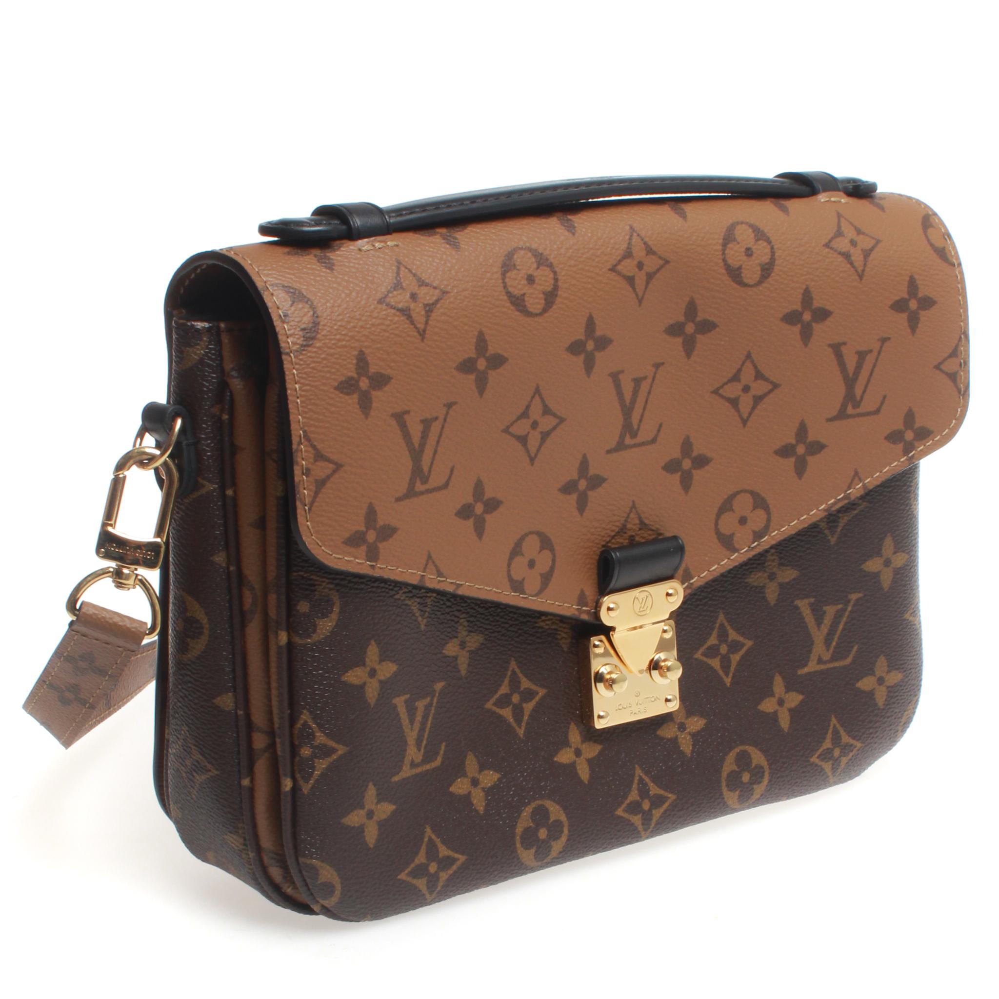Serial no #DU1118. Louis Vuitton Pochette Metis monogram reverse canvas cross body bag featuring 3 interior pockets and removable/adjustable strap. Calf leather outer and micro fibre lining