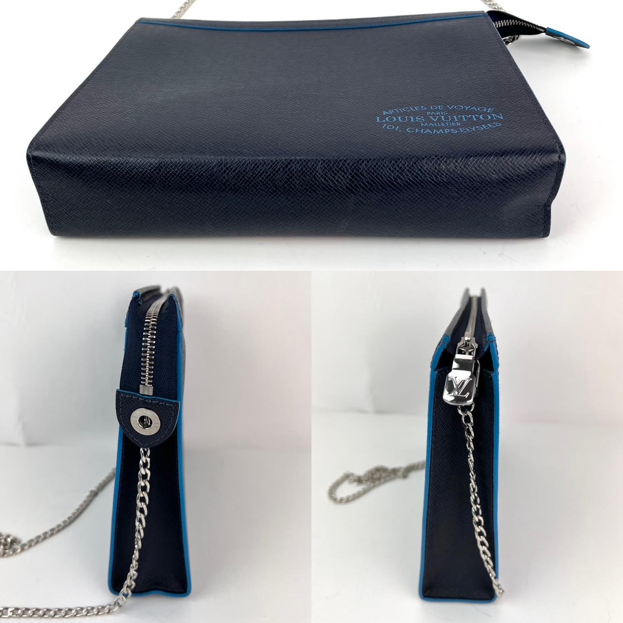 Black Louis Vuitton Pochette Voyage MM Taiga Dark Blue Leather Hand Bag Limited Ed For Sale