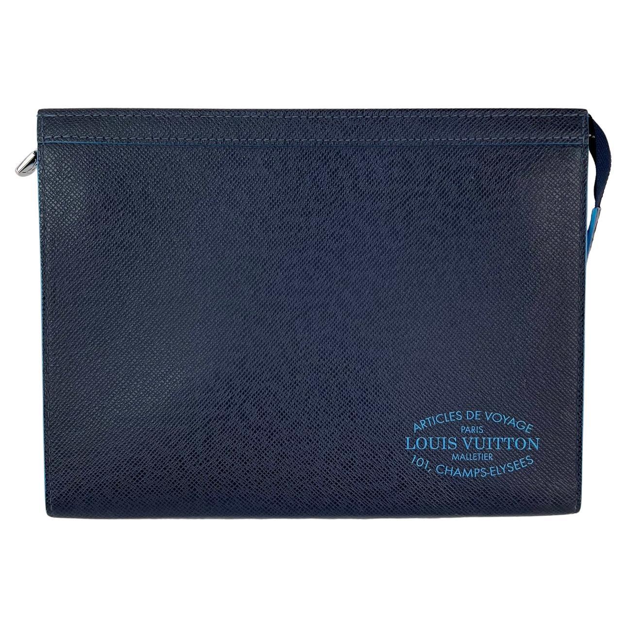 Louis Vuitton Pochette Voyage MM Taiga Dark Blue Leather Hand Bag Limited Ed For Sale