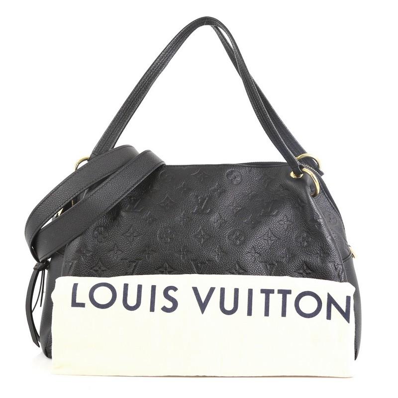 This Louis Vuitton Ponthieu Handbag Monogram Empreinte Leather PM, crafted in black monogram empreinte leather, features dual leather handles, protective base studs, and gold-tone hardware. Its zip closure opens to a black fabric interior with slip