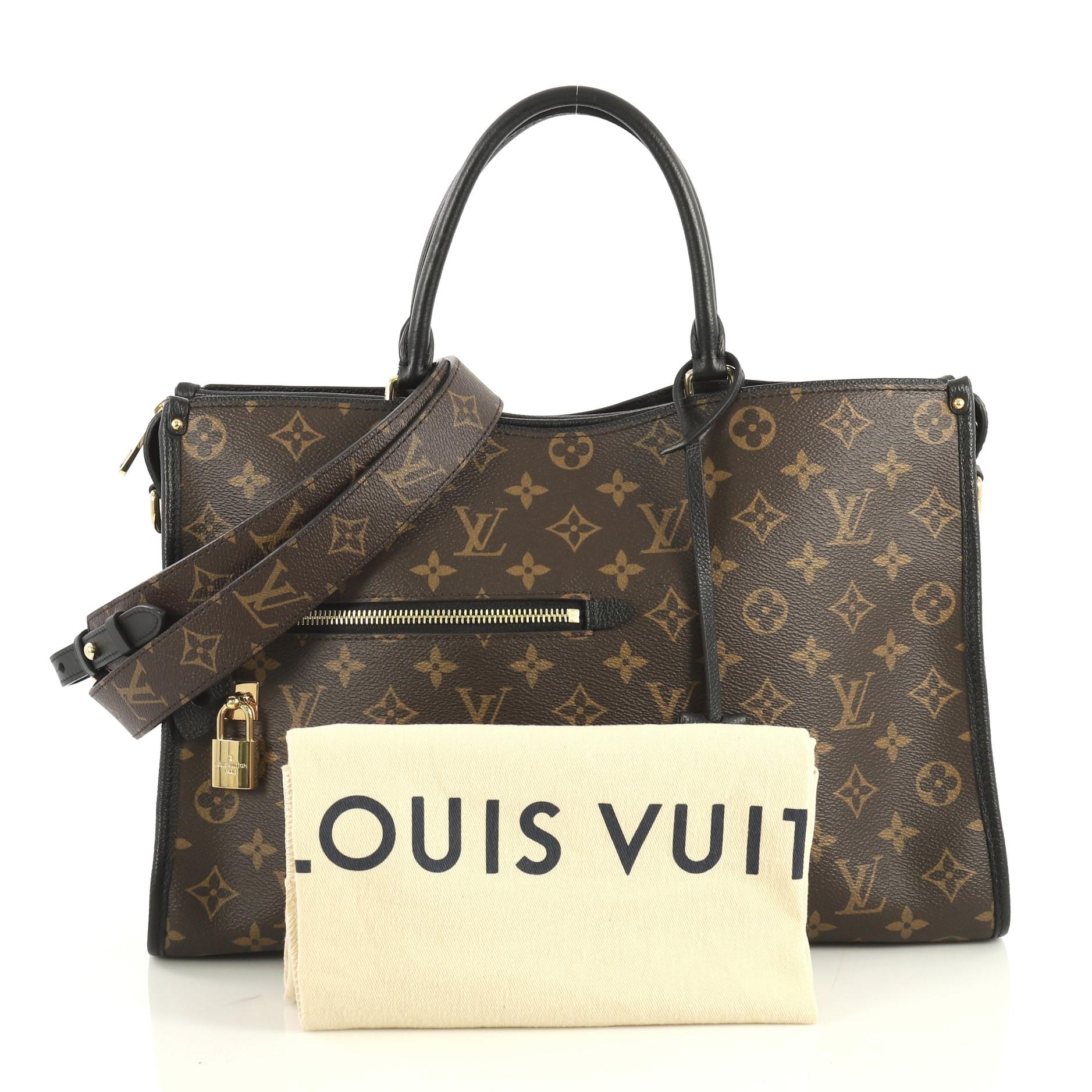 This Louis Vuitton Popincourt NM Handbag Monogram Canvas MM, crafted from brown monogram coated canvas, features dual rolled handles, exterior front zip pocket, two large outside pockets, and gold-tone hardware. Its zip closure opens to a black