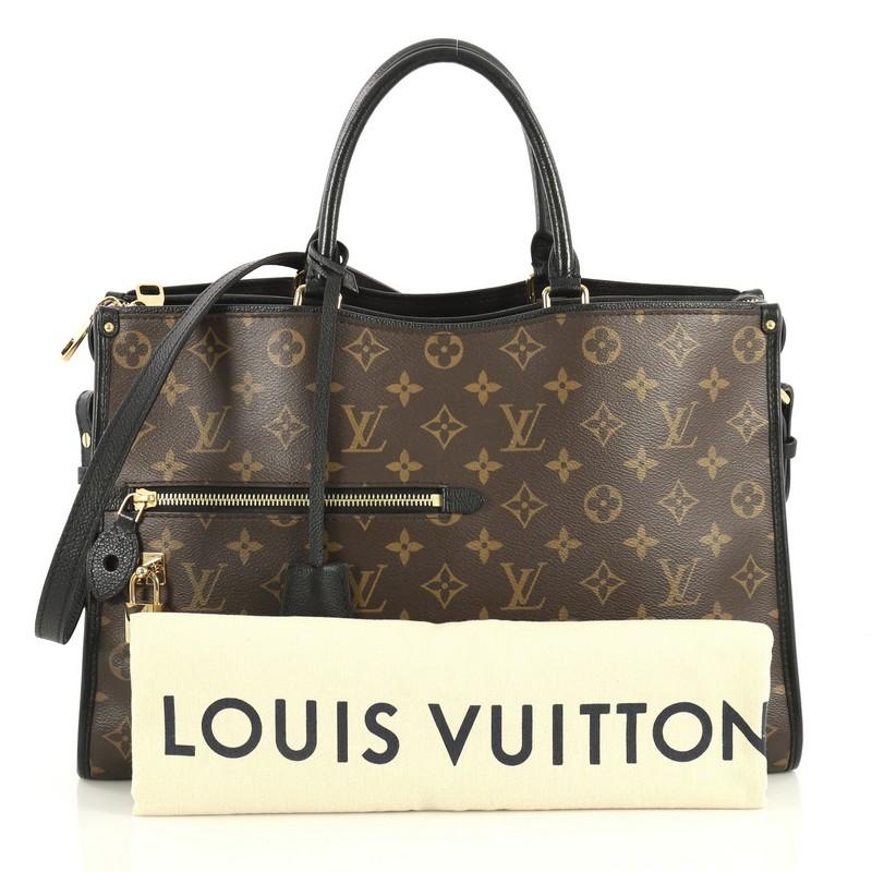 This Louis Vuitton Popincourt NM Handbag Monogram Canvas MM, crafted from brown monogram coated canvas, features dual rolled handles, exterior front zip pocket, two large outside pockets, and gold-tone hardware. Its zip closure opens to a black