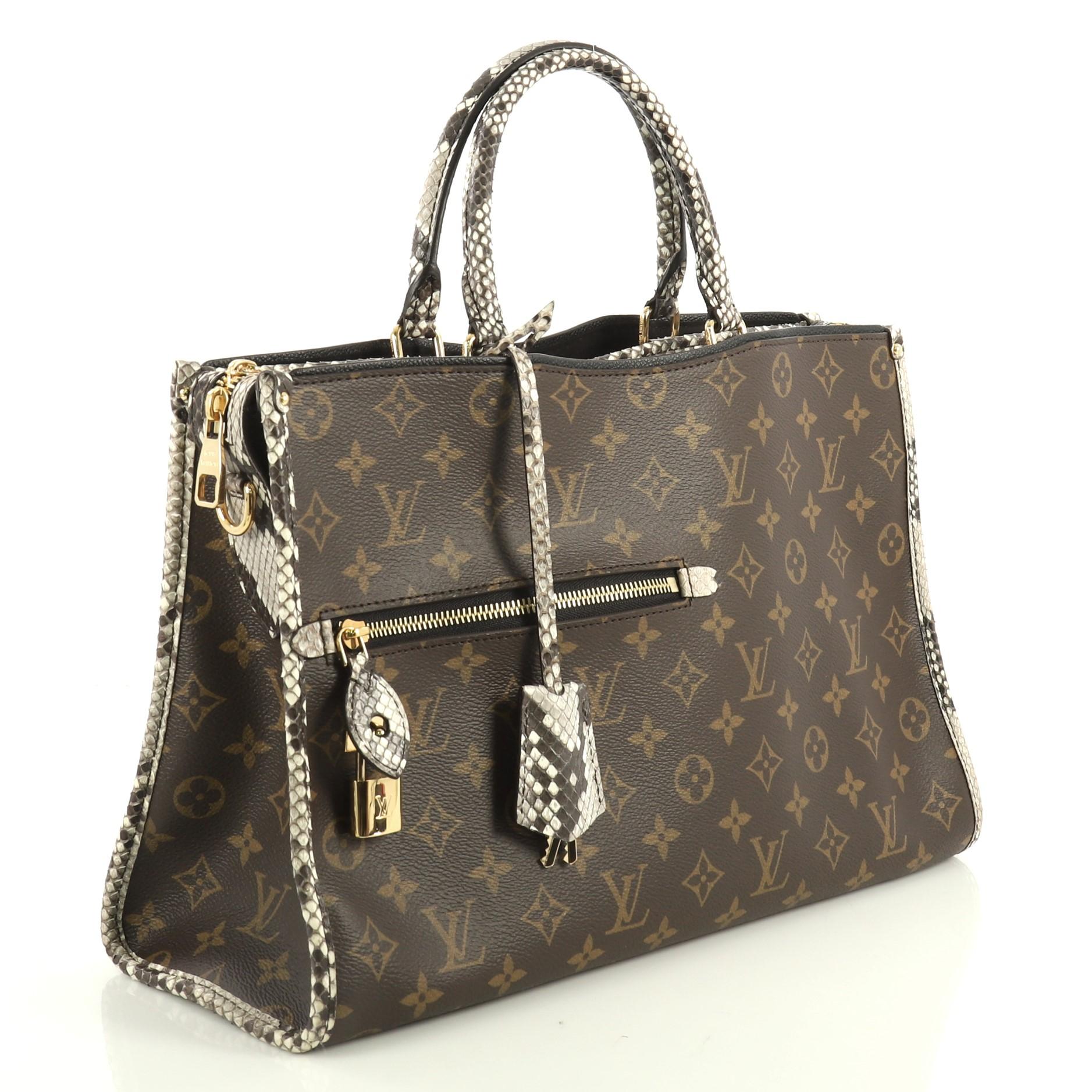 This Louis Vuitton Popincourt NM Handbag Monogram Canvas with Python MM, crafted from brown monogram coated canvas, features dual rolled genuine neutral python handles and trim, exterior front zip pocket, two large outside pockets, and gold-tone