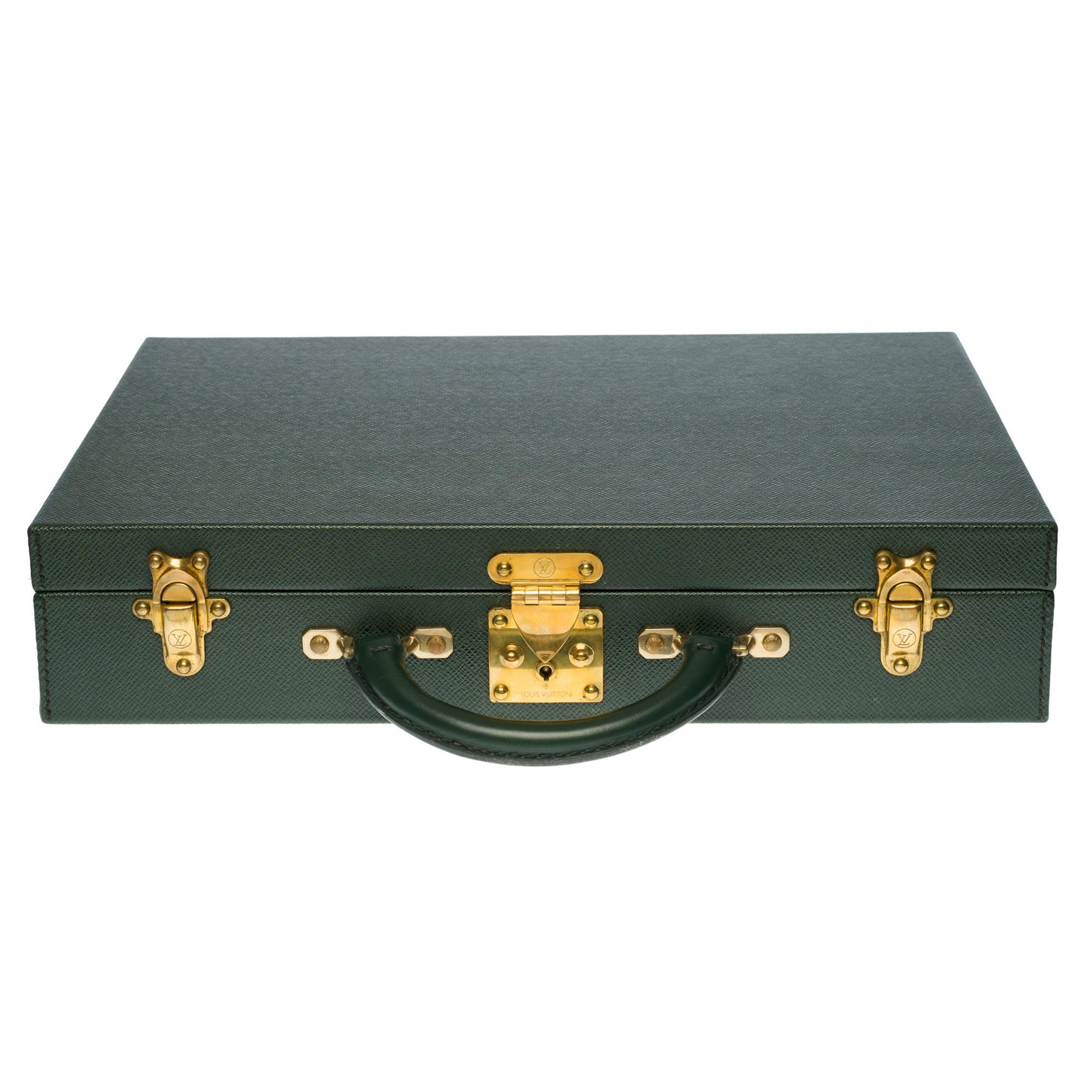 Louis Vuitton "President" Attaché Case in green Taïga leather and gold hardware