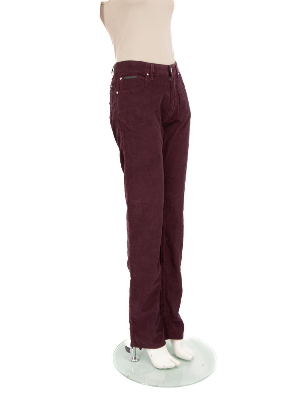 CONDITION is Never worn. No visible wear to trousers is evident on this new Louis Vuitton designer resale item.
 
 
 
 Details
 
 
 Purple
 
 Corduroy
 
 Trousers
 
 Slim fit
 
 High rise
 
 3x Front pockets
 
 2x Back pockets
 
 Fly zip and button