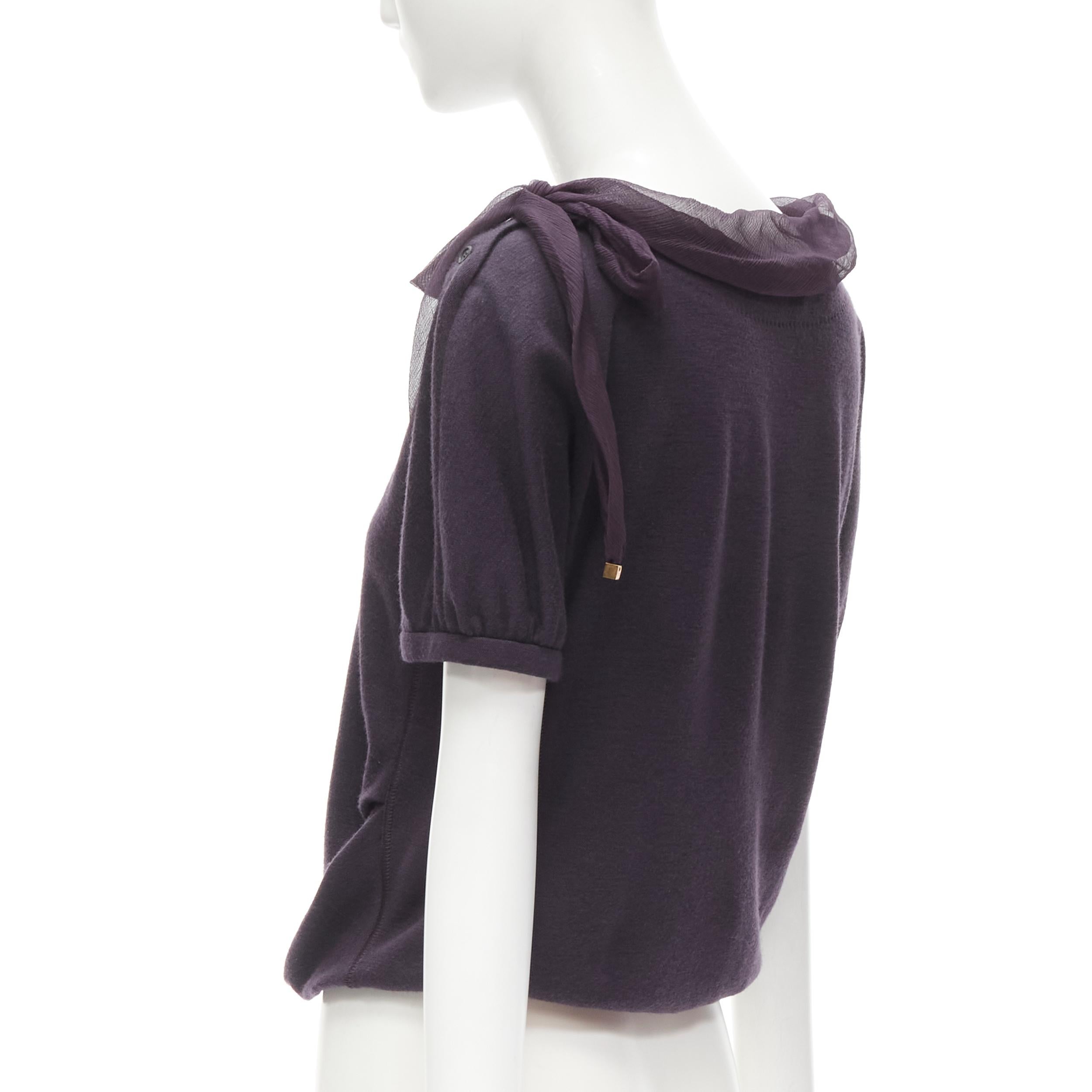 LOUIS VUITTON purple cotton silk trim gold LV cube charm bow boxy pullover top S In Good Condition For Sale In Hong Kong, NT