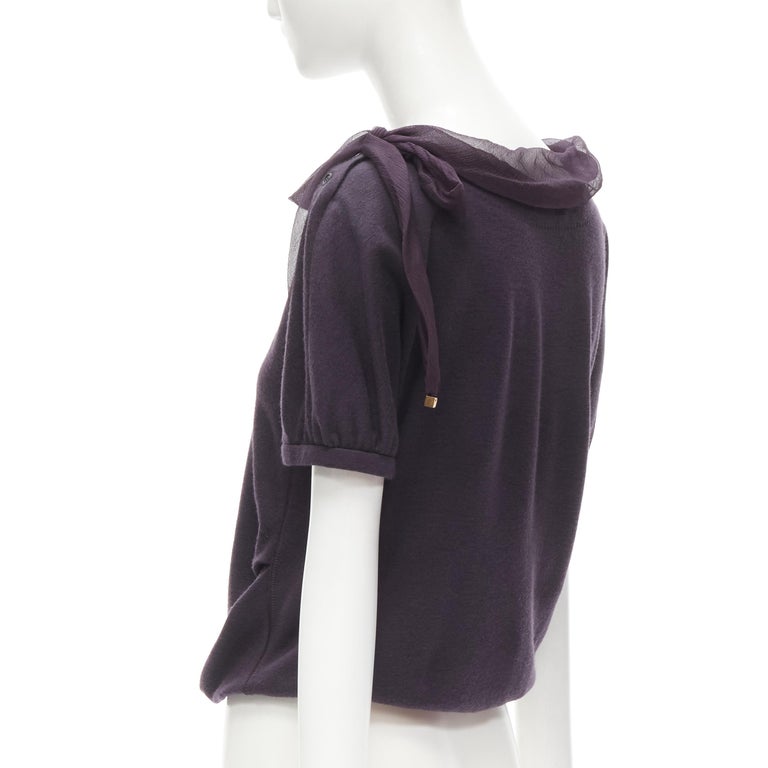 LOUIS VUITTON purple cotton silk trim gold LV cube charm bow boxy pullover  top S For Sale at 1stDibs