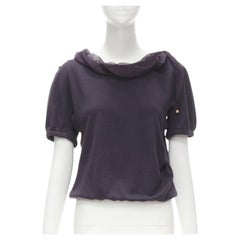 LOUIS VUITTON purple cotton silk trim gold LV cube charm bow boxy pullover top S