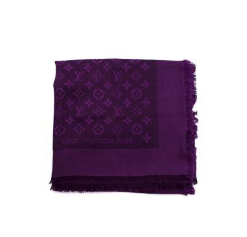 Louis Vuitton Purple Monogram Scarf

-Fringed edges 
-Monogram pattern body 
-Double Sided 
-Light weight construction 

Material: 

60% Silk 
40% Wool 

made in italy 

PLEASE NOTE, THESE ITEMS ARE PRE-OWNED AND MAY SHOW SIGNS OF BEING STORED EVEN
