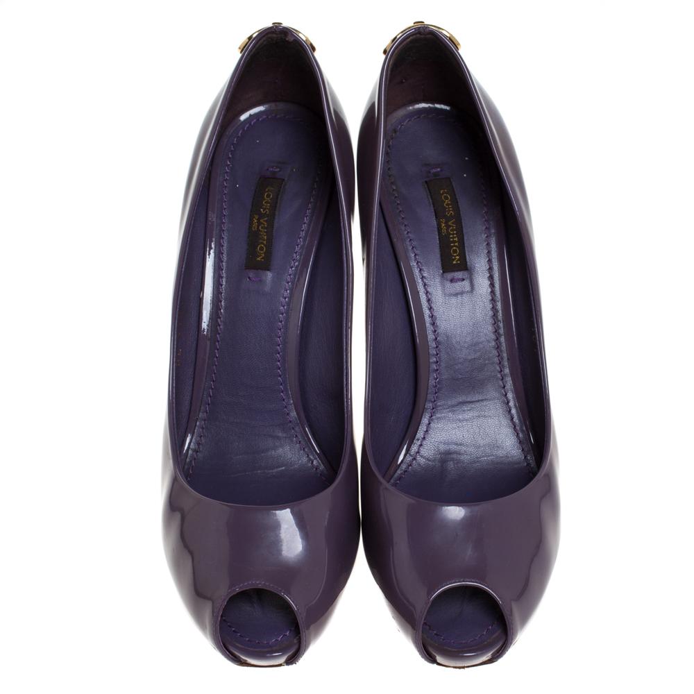 Black Louis Vuitton Purple Patent Leather Oh Really! Peep Toe Platform Pumps Size 38.5