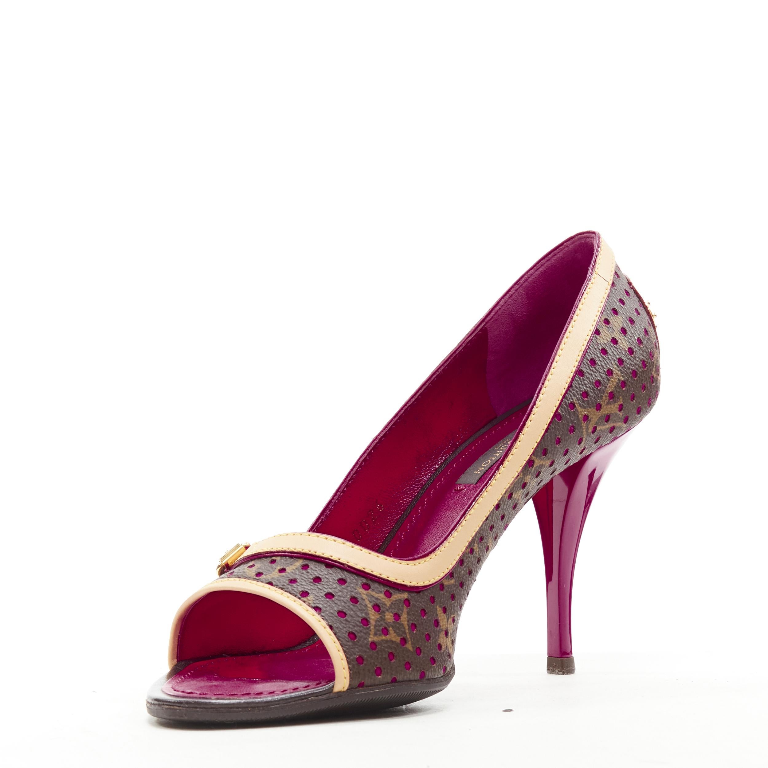 LOUIS VUITTON purple perforated monogram lockit heel peep toe heel EU36.5 In Excellent Condition For Sale In Hong Kong, NT