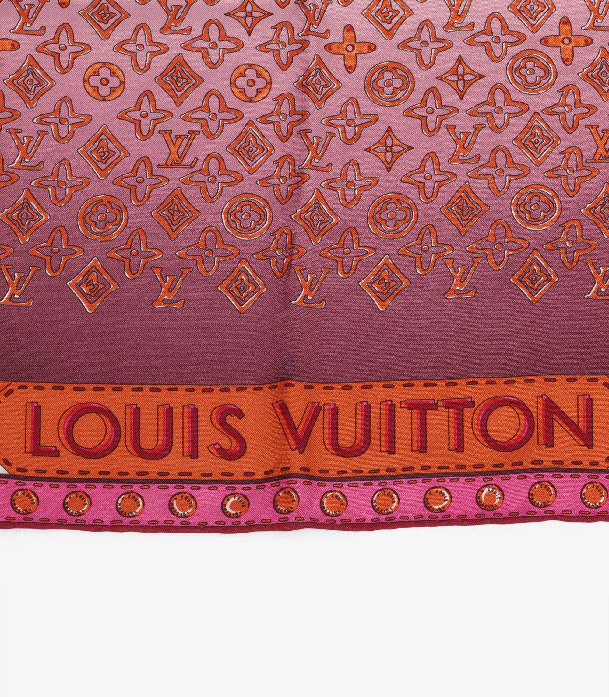 Louis Vuitton Purple, Pink, Blue, Orange & White Silk Monogram Map Square Scarf In Excellent Condition In Bishop's Stortford, Hertfordshire