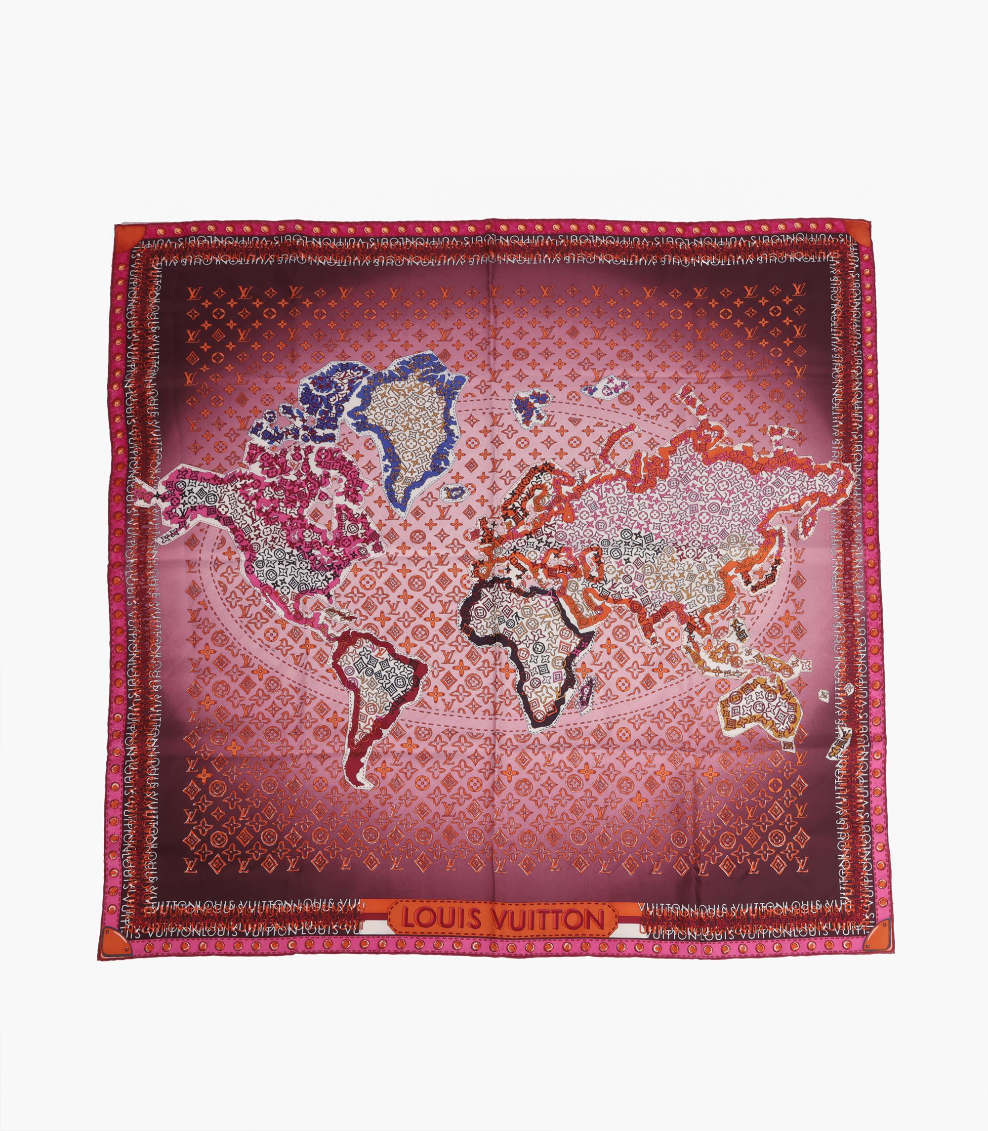 Women's or Men's Louis Vuitton Purple, Pink, Blue, Orange & White Silk Monogram Map Square Scarf