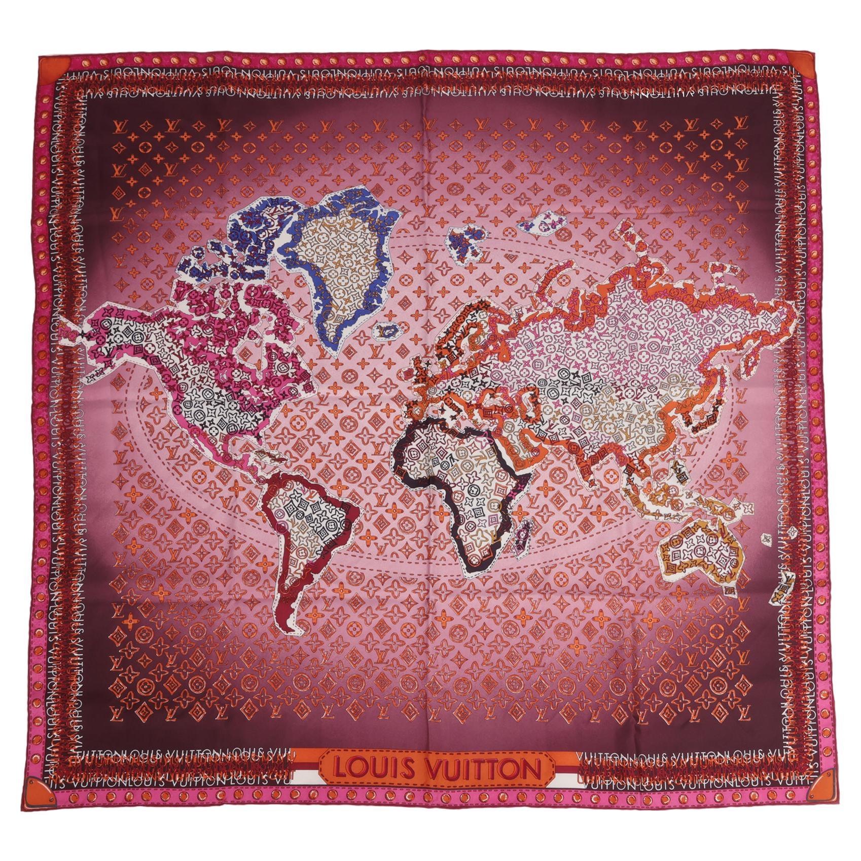 Louis Vuitton Purple, Pink, Blue, Orange & White Silk Monogram Map Square Scarf
