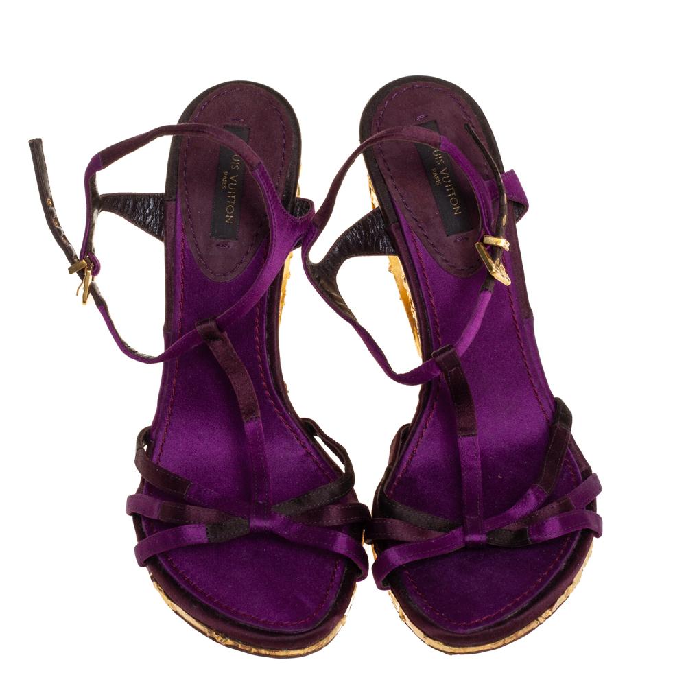 Louis Vuitton Sandalias de cuña Feerique Morganne de satén morado talla 36.5 Naranja