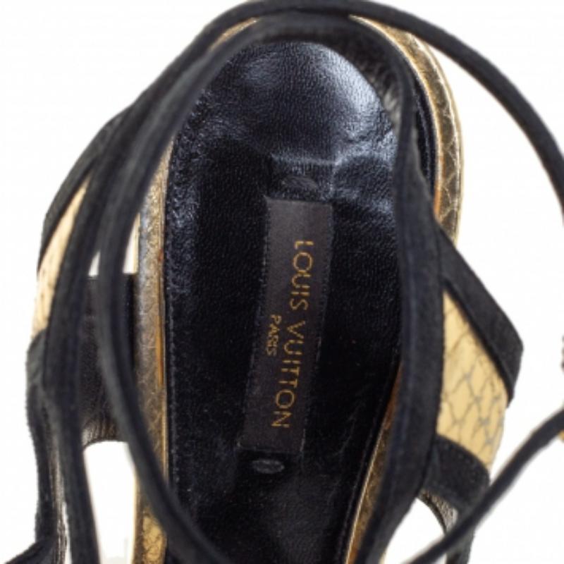 Black Louis Vuitton Python Embossed Leather & Trim Cut Out Ankle Strap Sandals Size 39 For Sale