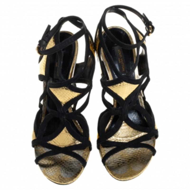 Louis Vuitton Python Embossed Leather & Trim Cut Out Ankle Strap Sandals Size 39 In Good Condition For Sale In Dubai, Al Qouz 2