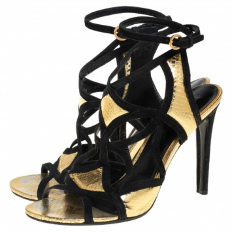 Louis Vuitton Python Embossed Leather & Trim Cut Out Ankle Strap Sandals Size 39 For Sale 2