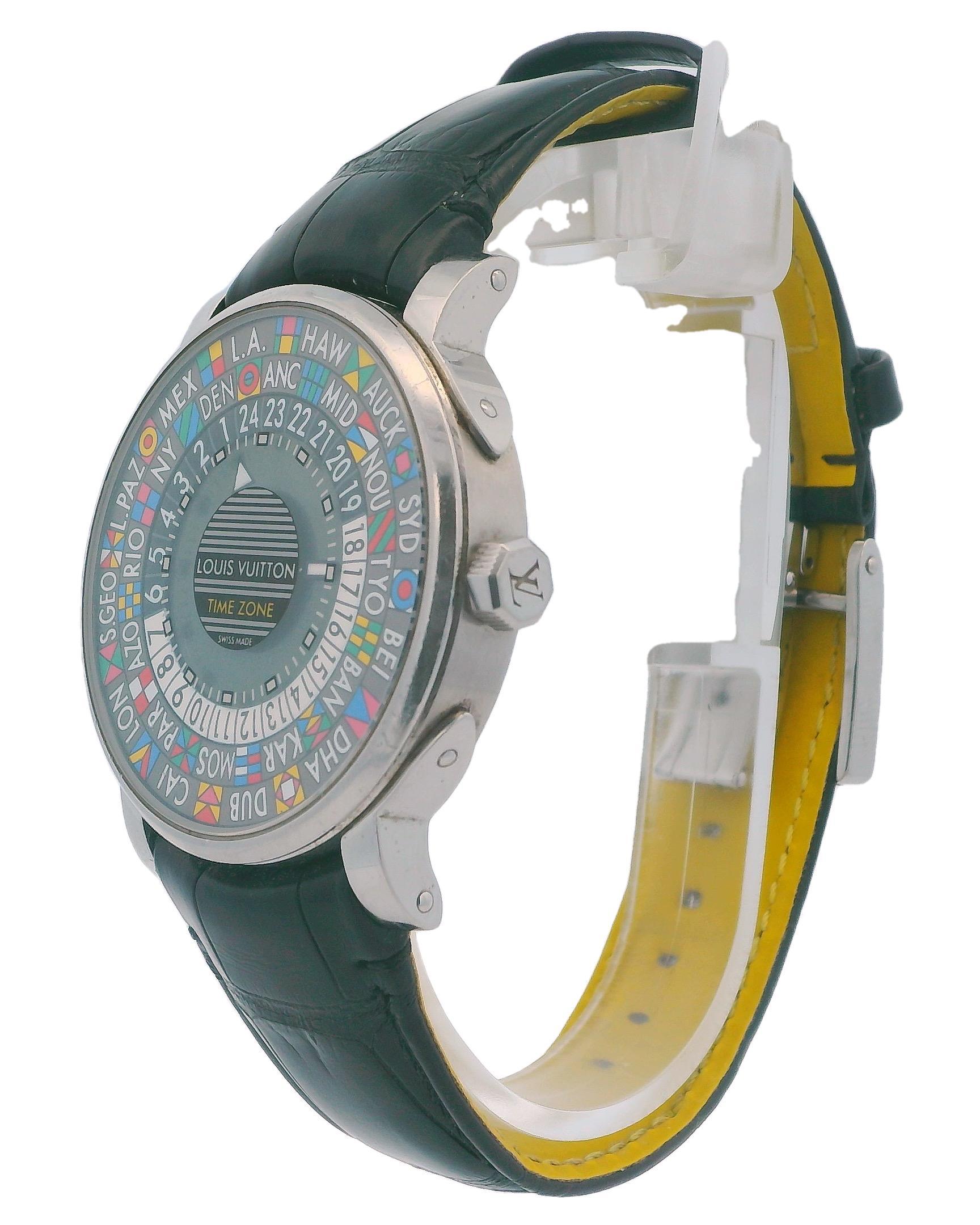 Louis Vuitton Q5D20 Escalar Timezone Steel Watch In Excellent Condition For Sale In Great Neck Plaza, NY