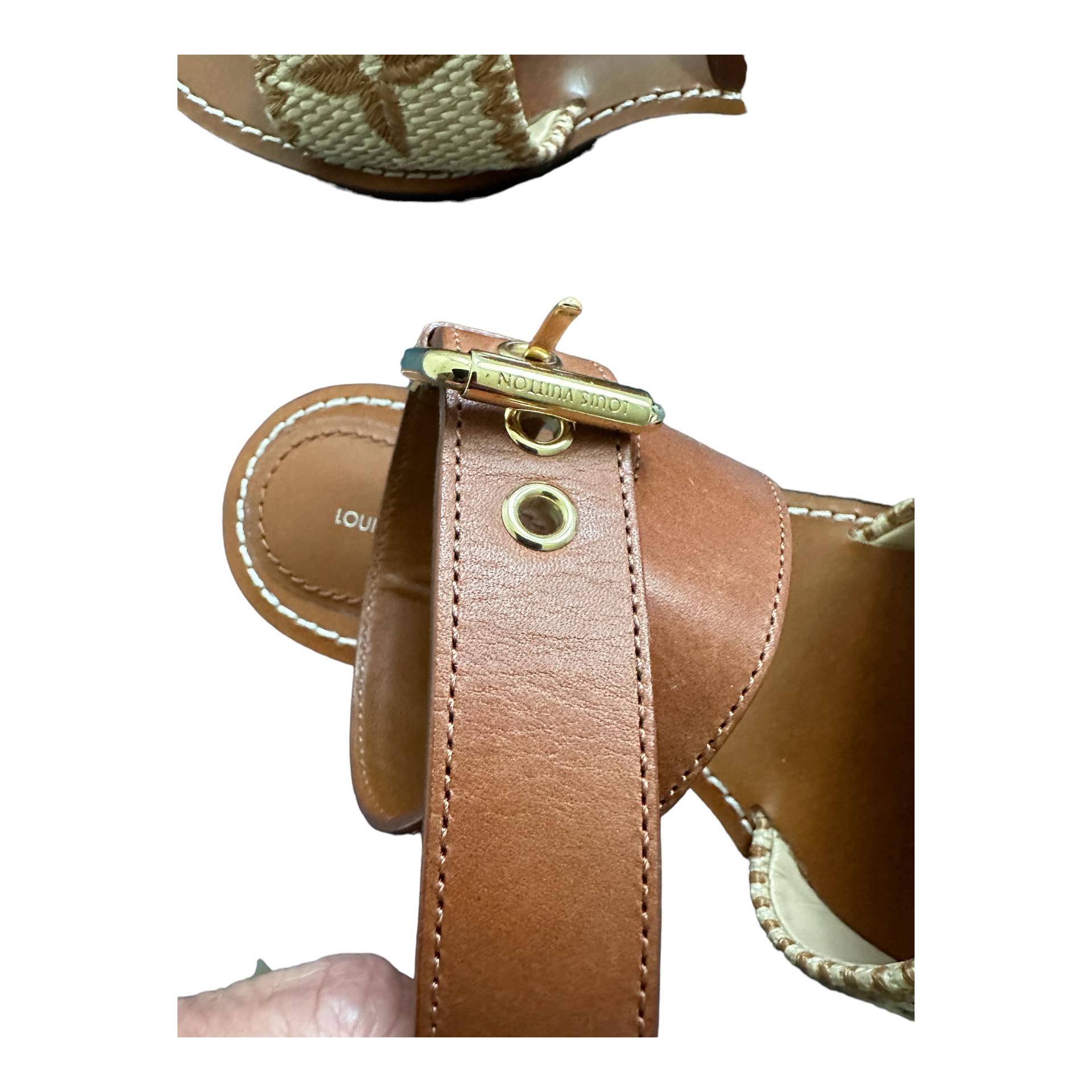 Louis Vuitton Raffia Calfskin Monogram Sienna Flat Sandals 37.5 Cognac In New Condition In West Chester, PA