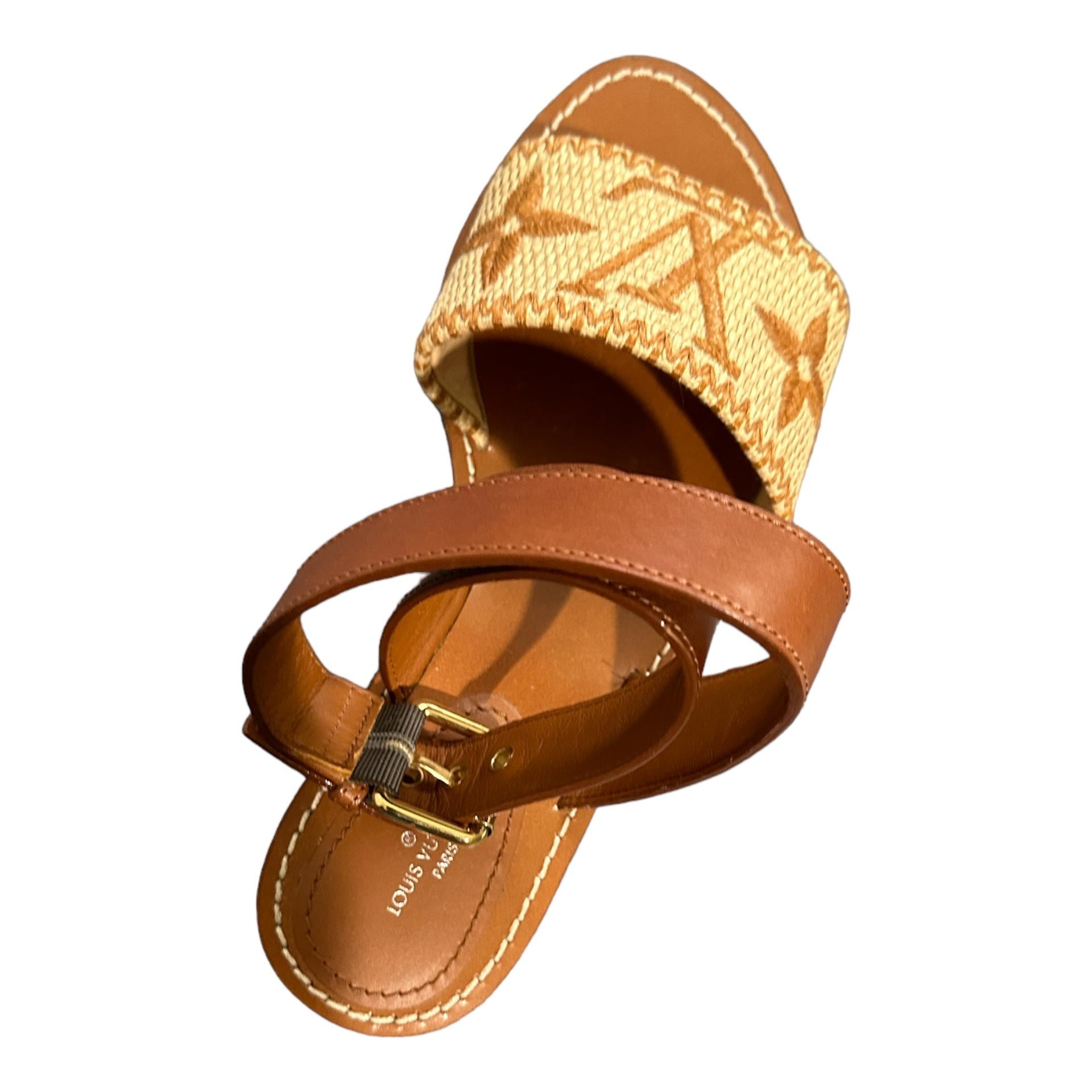 Women's or Men's Louis Vuitton Raffia Calfskin Monogram Sienna Flat Sandals 37.5 Cognac