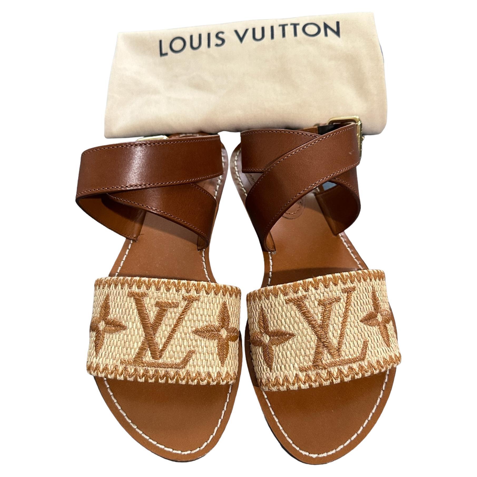 Louis Vuitton Calfskin Monogram Sienna Flat Sandals 37.5 Cognac For Sale at 1stDibs | lv raffia sandals