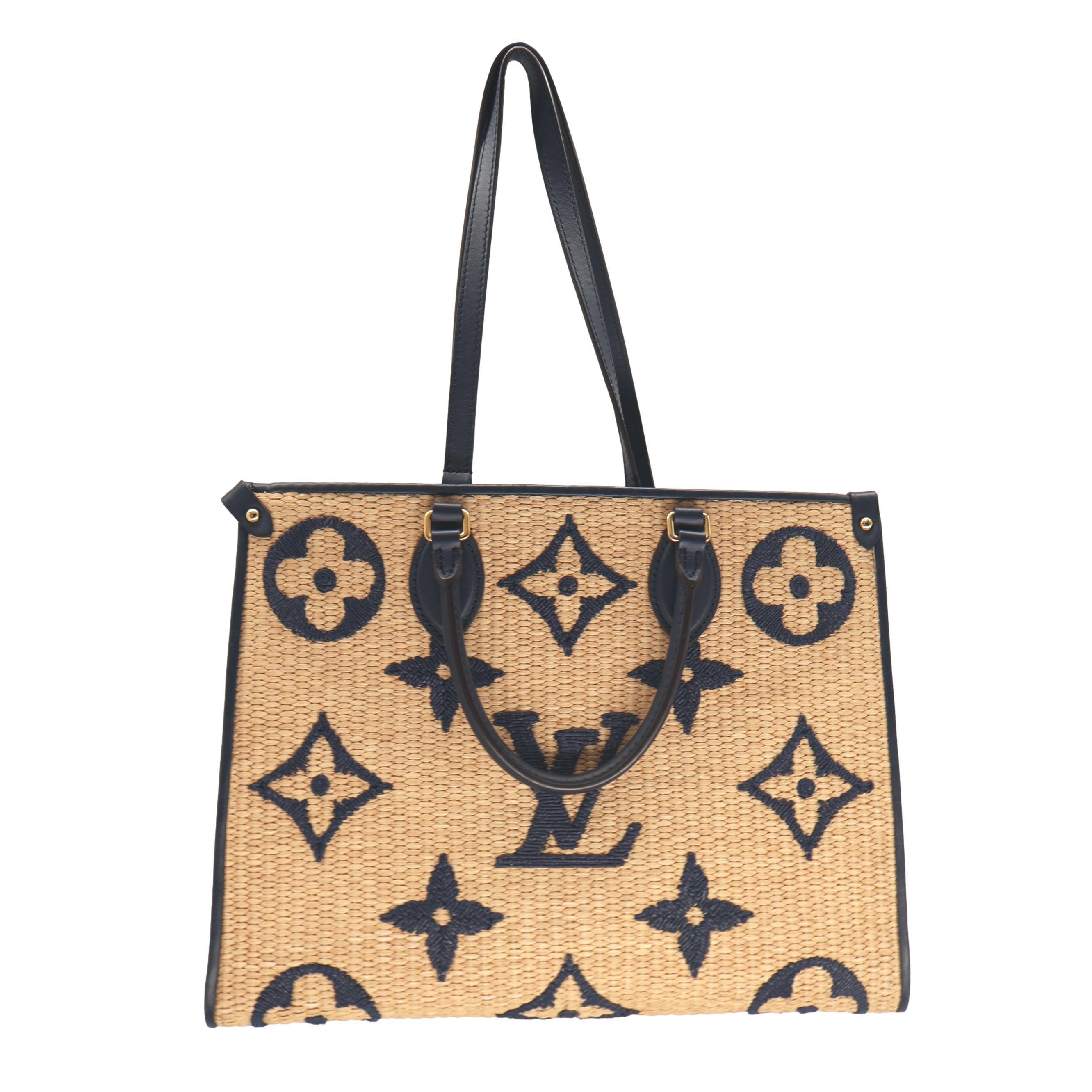 Louis Vuitton Raffia Giant Monogram OnTheGo MM Navy Shoulder Tote Bag, 2021. For Sale 1