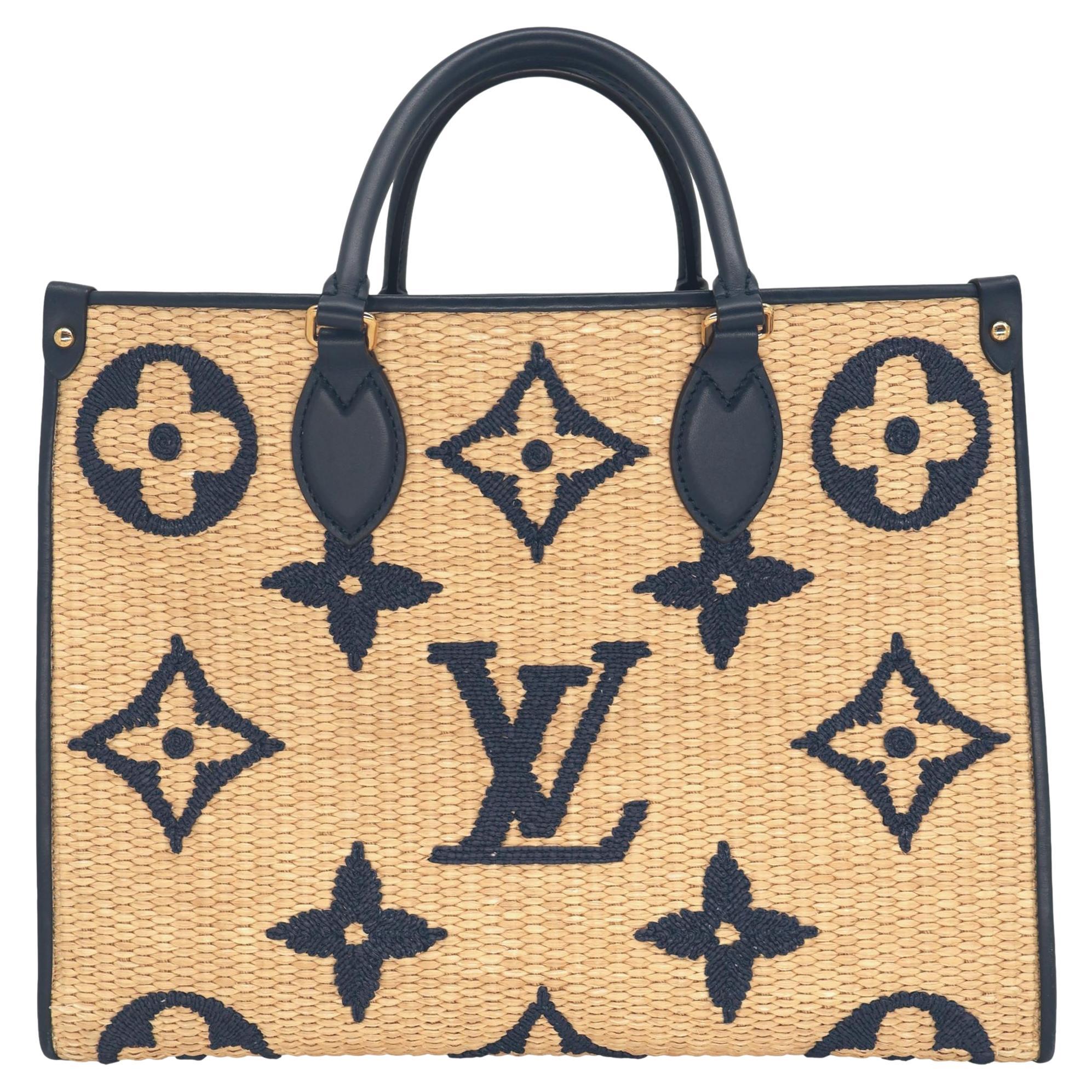 Louis Vuitton Raffia Giant Monogram OnTheGo MM Navy Shoulder Tote Bag, 2021. For Sale