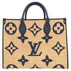 Used Louis Vuitton Raffia Giant Monogram OnTheGo MM Navy Shoulder Tote Bag, 2021.