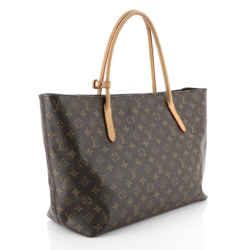 This Louis Vuitton Raspail Tote Monogram Canvas MM, crafted from brown monogram coated canvas, features dual rolled vachetta leather handles and gold-tone hardware. Its zip closure opens to a red fabric interior with zip and slip pockets.