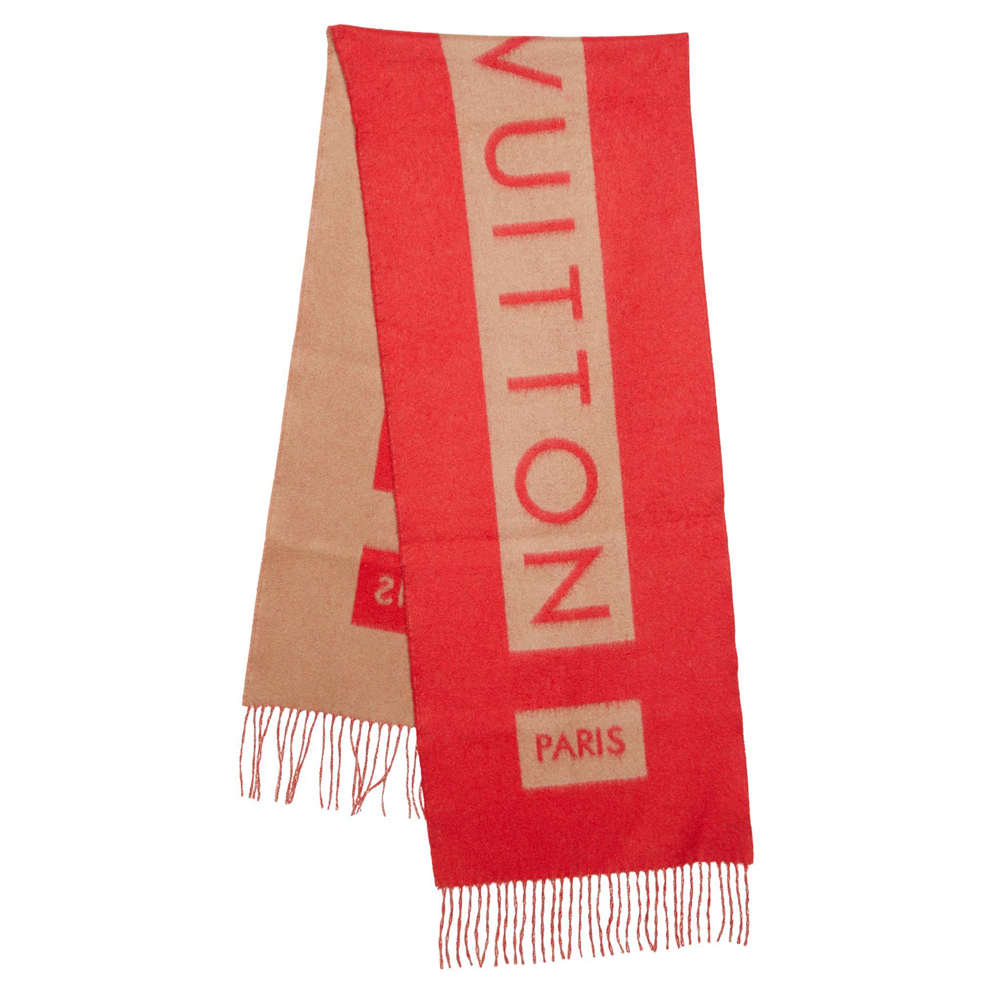Louis Vuitton Red/Brown Logo Cashmere Baroda Muffler For Sale