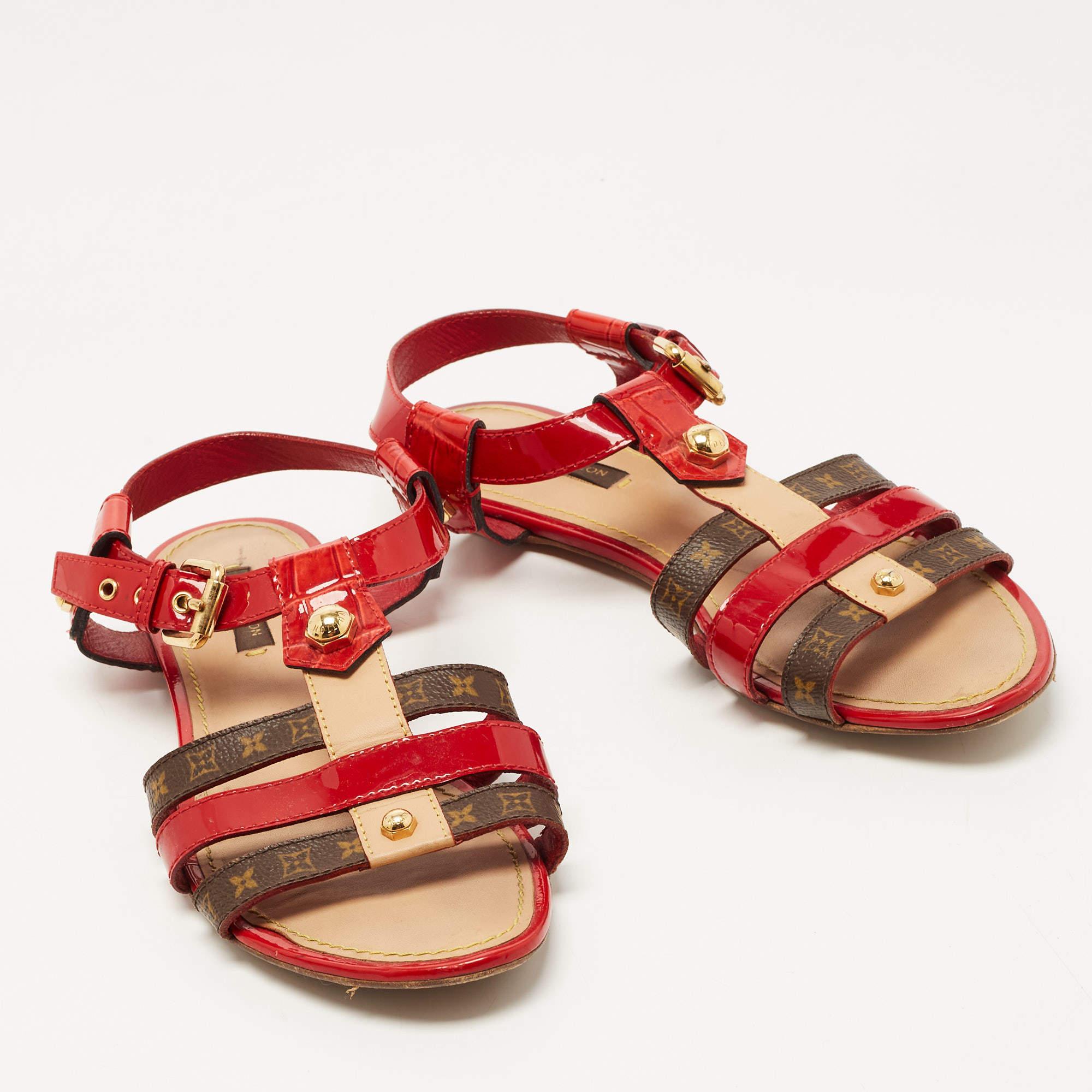 Women's Louis Vuitton Red/Brown Patent Leather and Monogram Canvas Flat Sandals Size 37